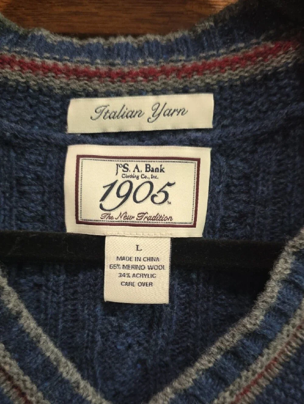 Jos. A. Bank Blue Cable-Knit V-Neck Sweater Vest with Striped Trim